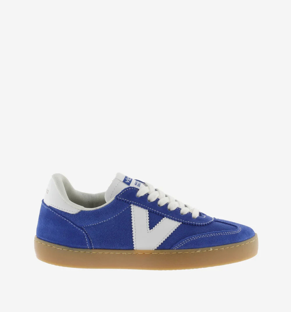 Victoria sneakers donna in suede blu e fondo miele con toppone e logo bianco