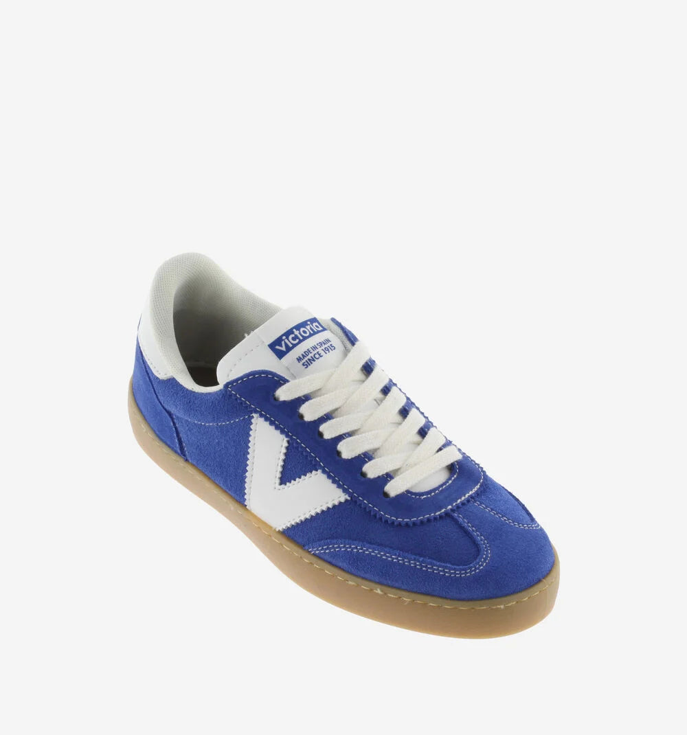 Victoria sneakers donna in suede blu e fondo miele con toppone e logo bianco