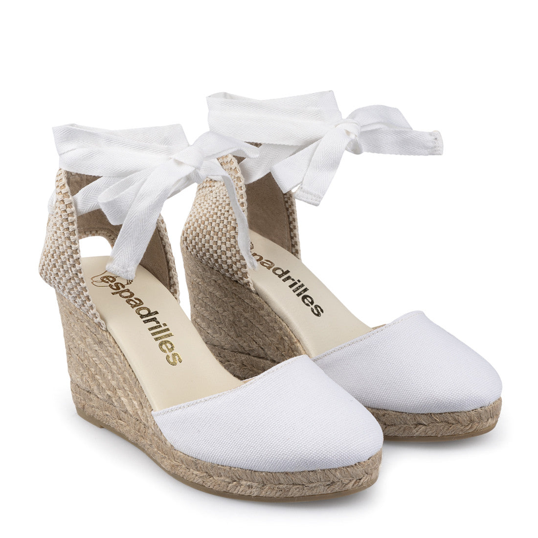 Espadrilles campesina zeppa donna in tessuto bianco e tallone in tessuto intrecciato