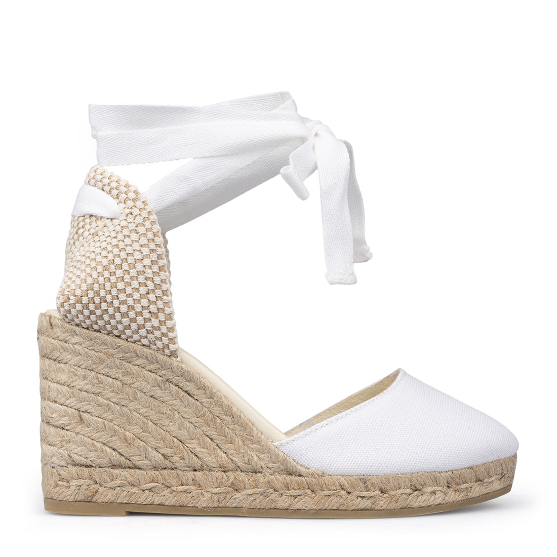 Espadrilles campesina zeppa donna in tessuto bianco e tallone in tessuto intrecciato