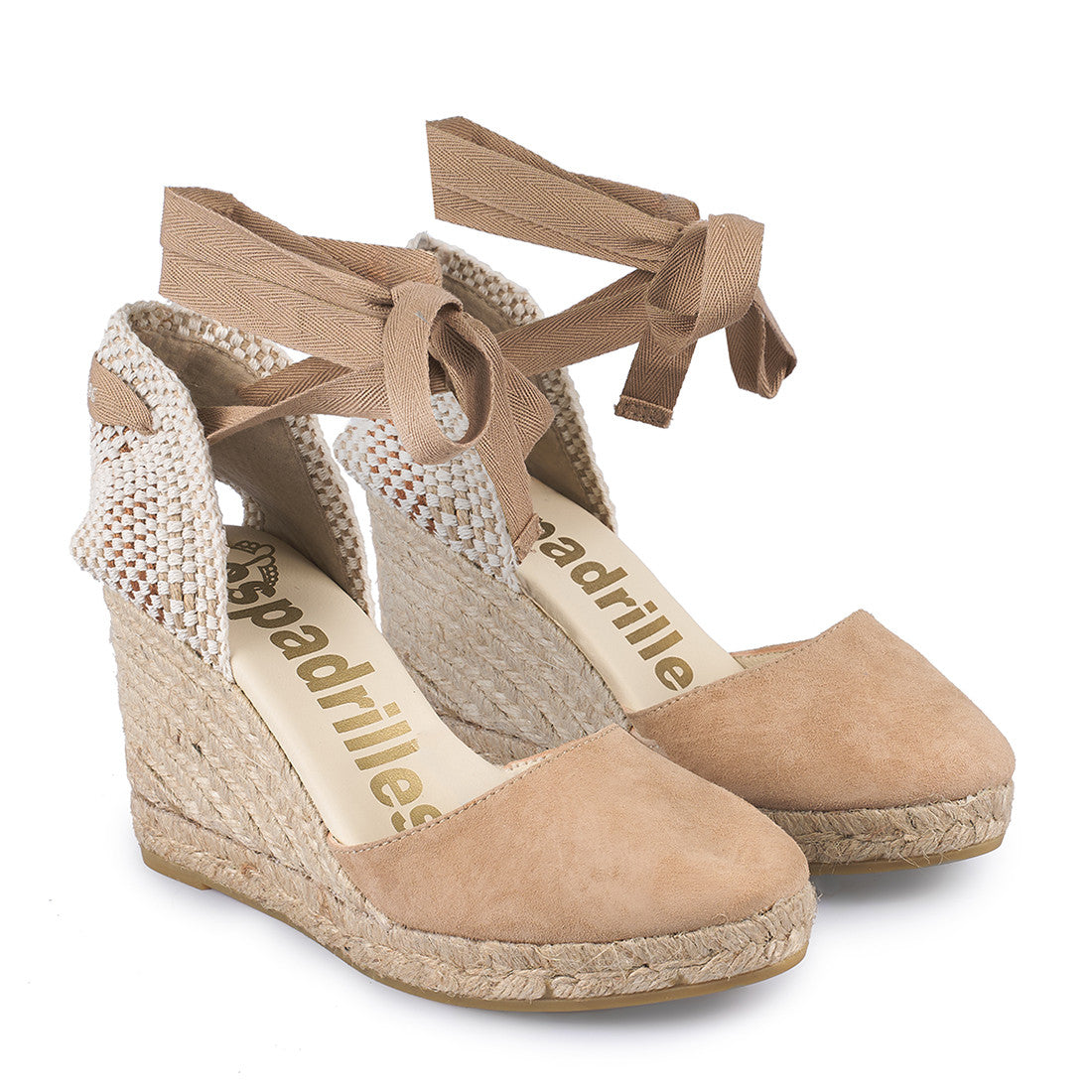 Espadrilles campesina zeppa donna in suede cammello con allacciatura alla schiava