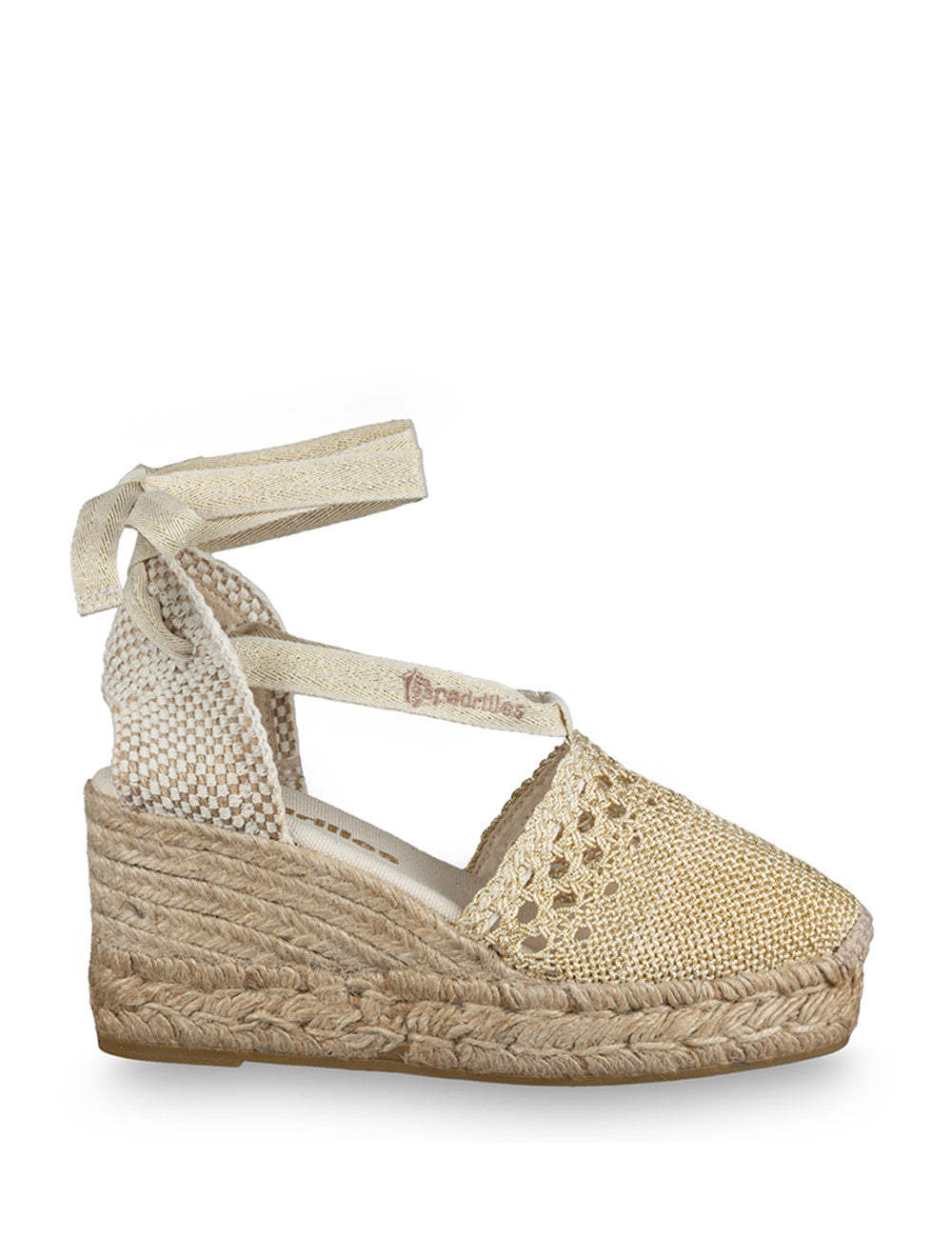 Espadrilles campesina zeppa in corda e tomaia in macrame traforato laminato