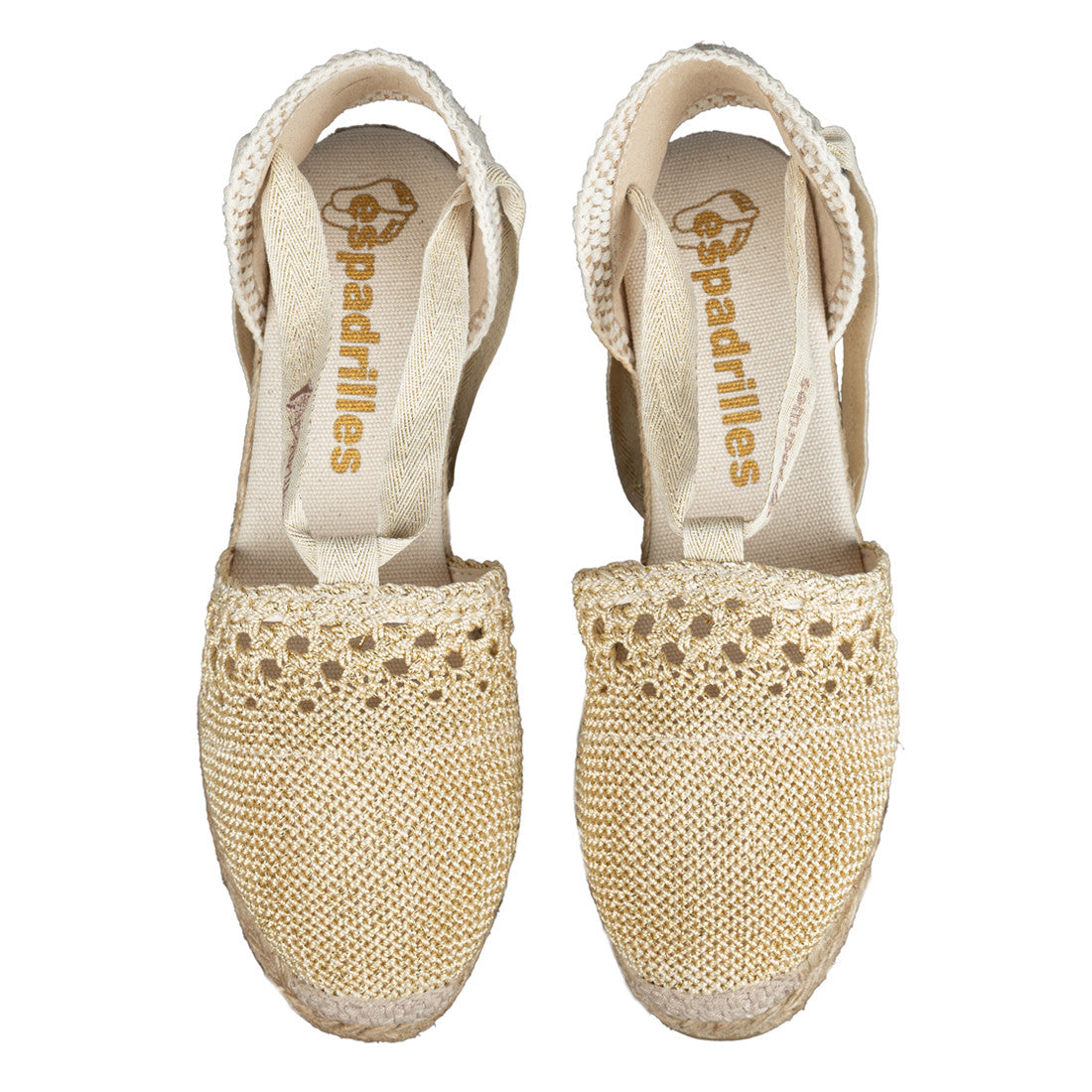 Espadrilles campesina zeppa in corda e tomaia in macrame traforato laminato
