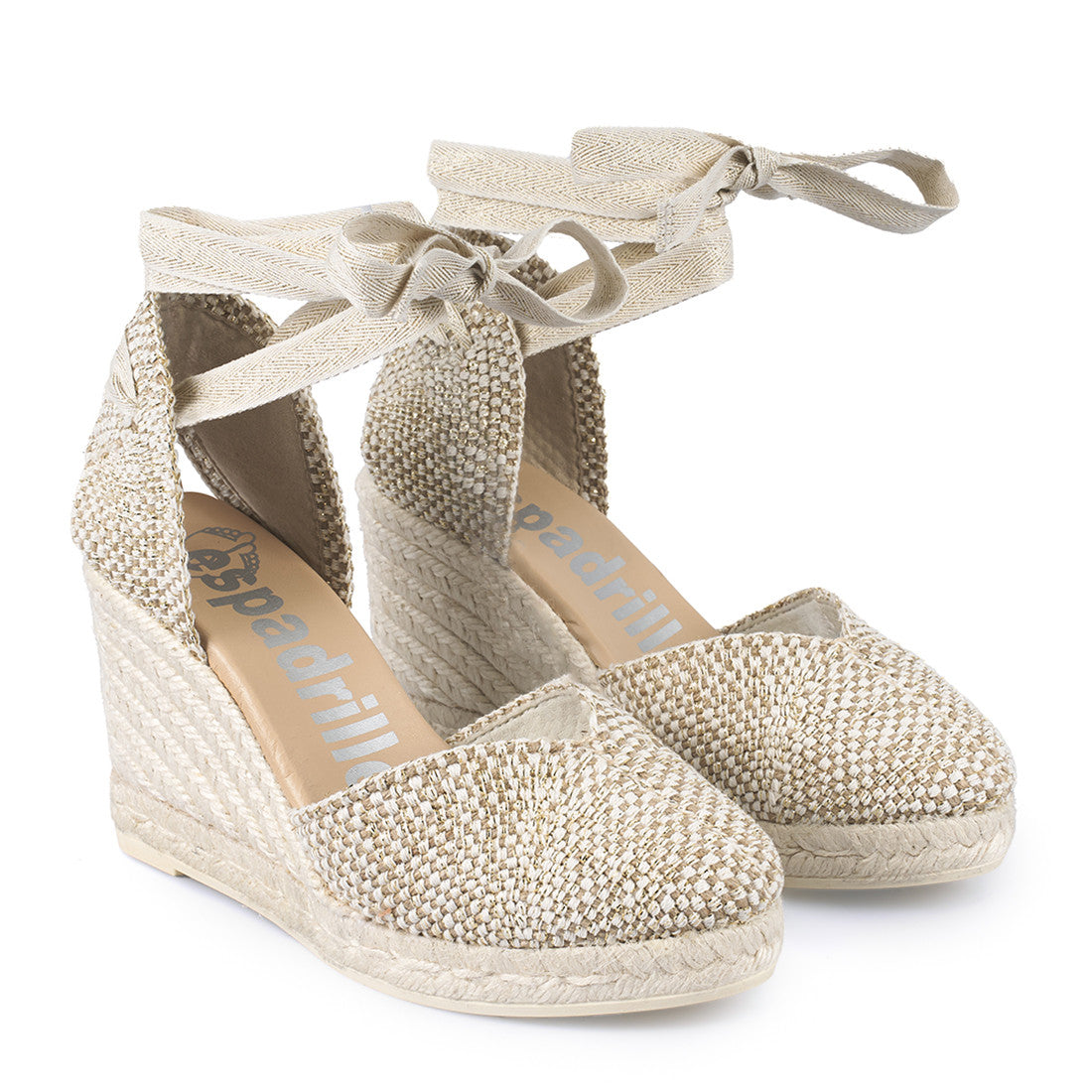 Espadrilles campesina zeppa in corda e tomaia in tessuto intrecciato laminato