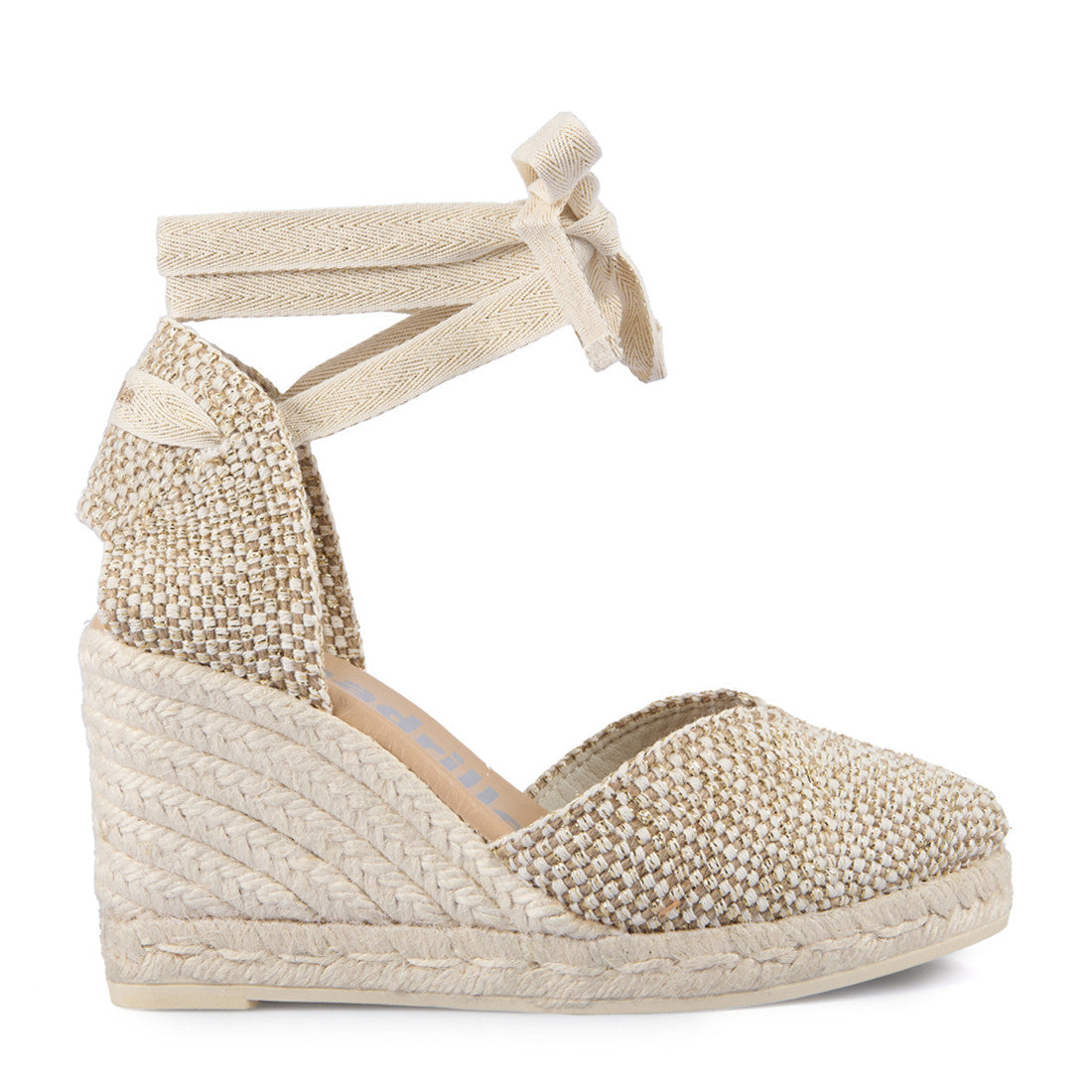 Espadrilles campesina zeppa in corda e tomaia in tessuto intrecciato laminato
