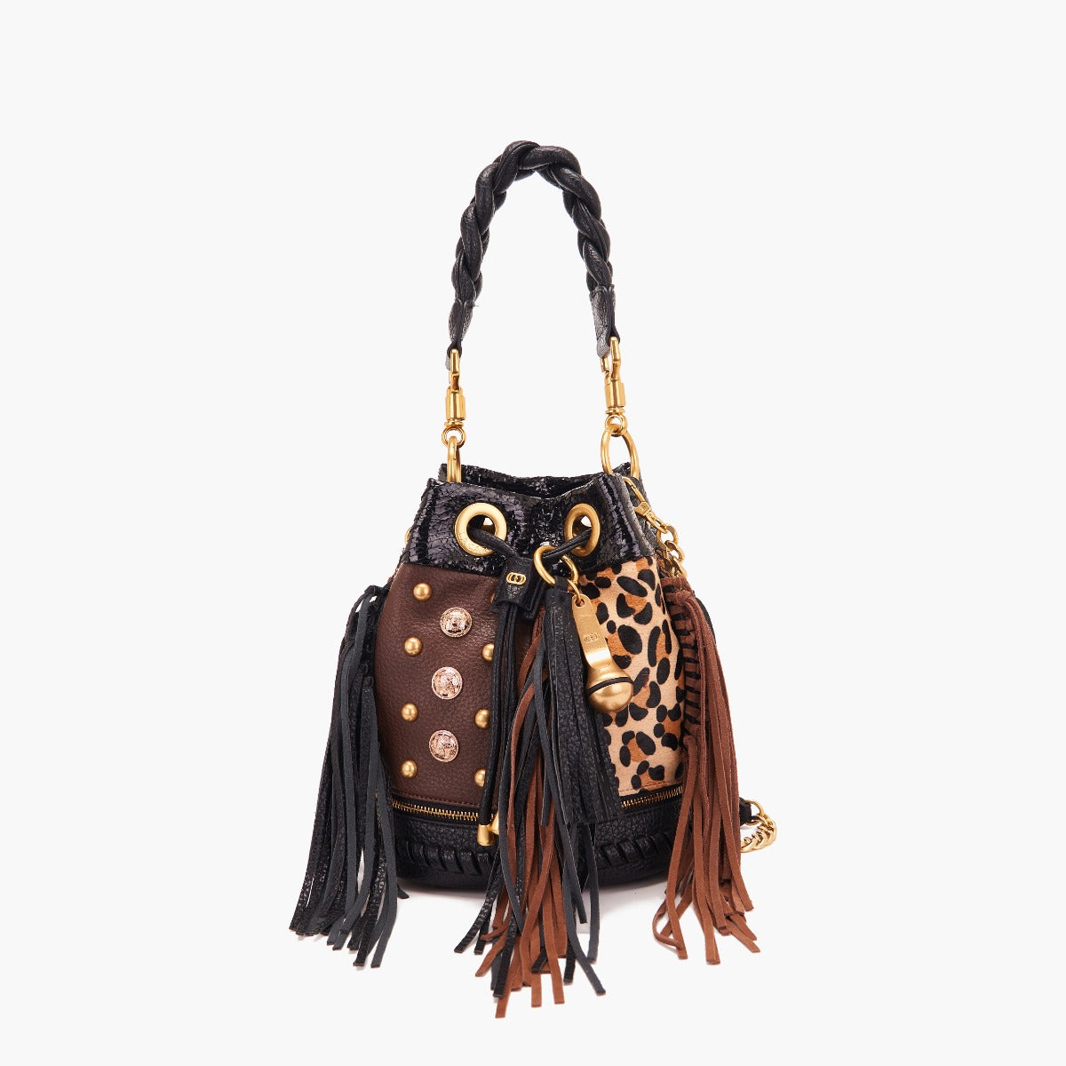 La Carrie Borsa a secchiello anniversary marrone e leopardato con borc