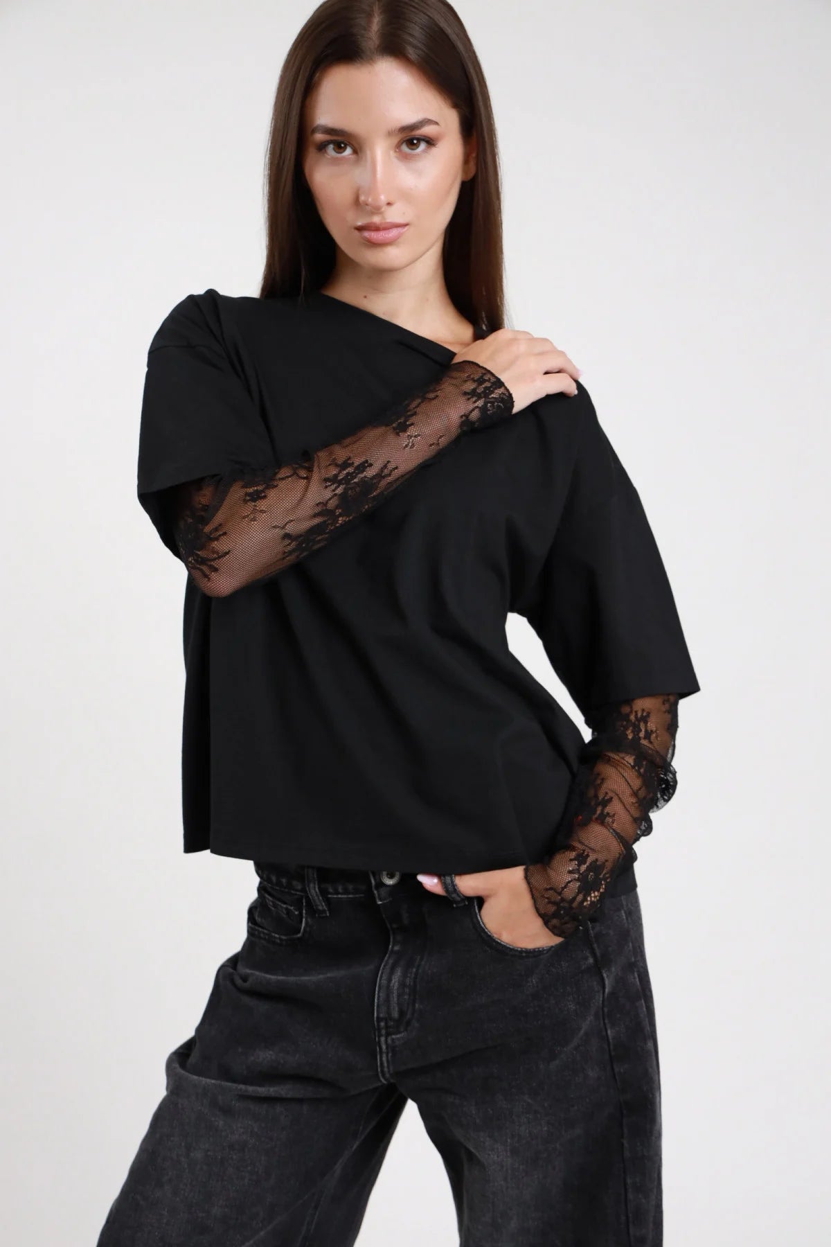 SUSY MIX T-SHIRT MANICA PIZZO NERO