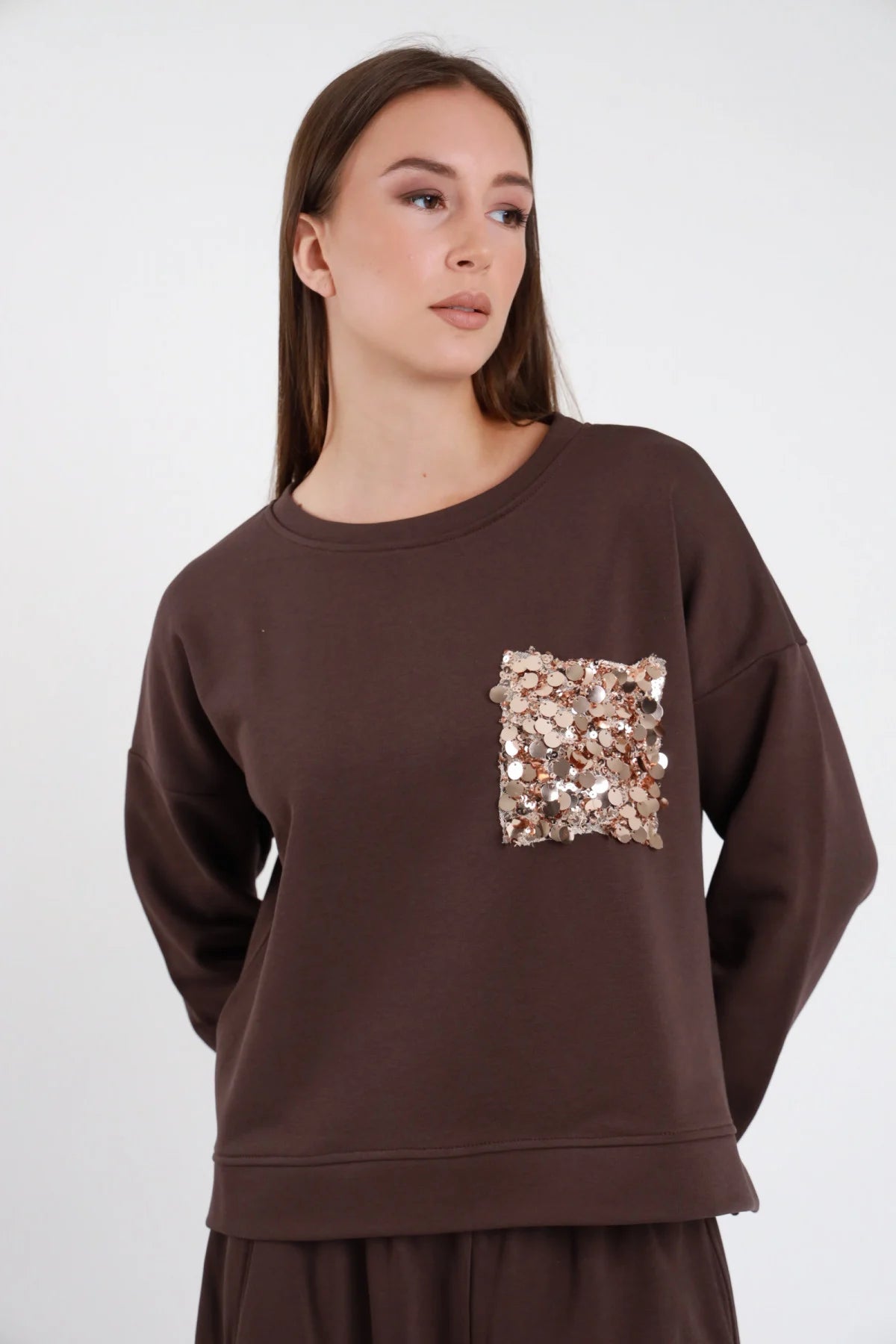 SUSY MIX FELPA CON TASCHINO IN PAILLETTES MORO