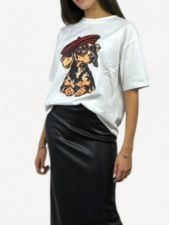 SUSY MIX T-SHIRT STAMPA BASSOTTO E STRASS
