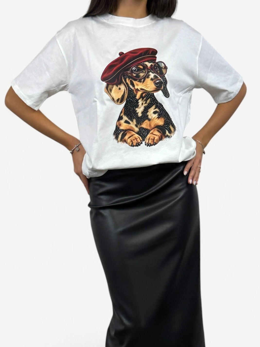 SUSY MIX T-SHIRT STAMPA BASSOTTO E STRASS