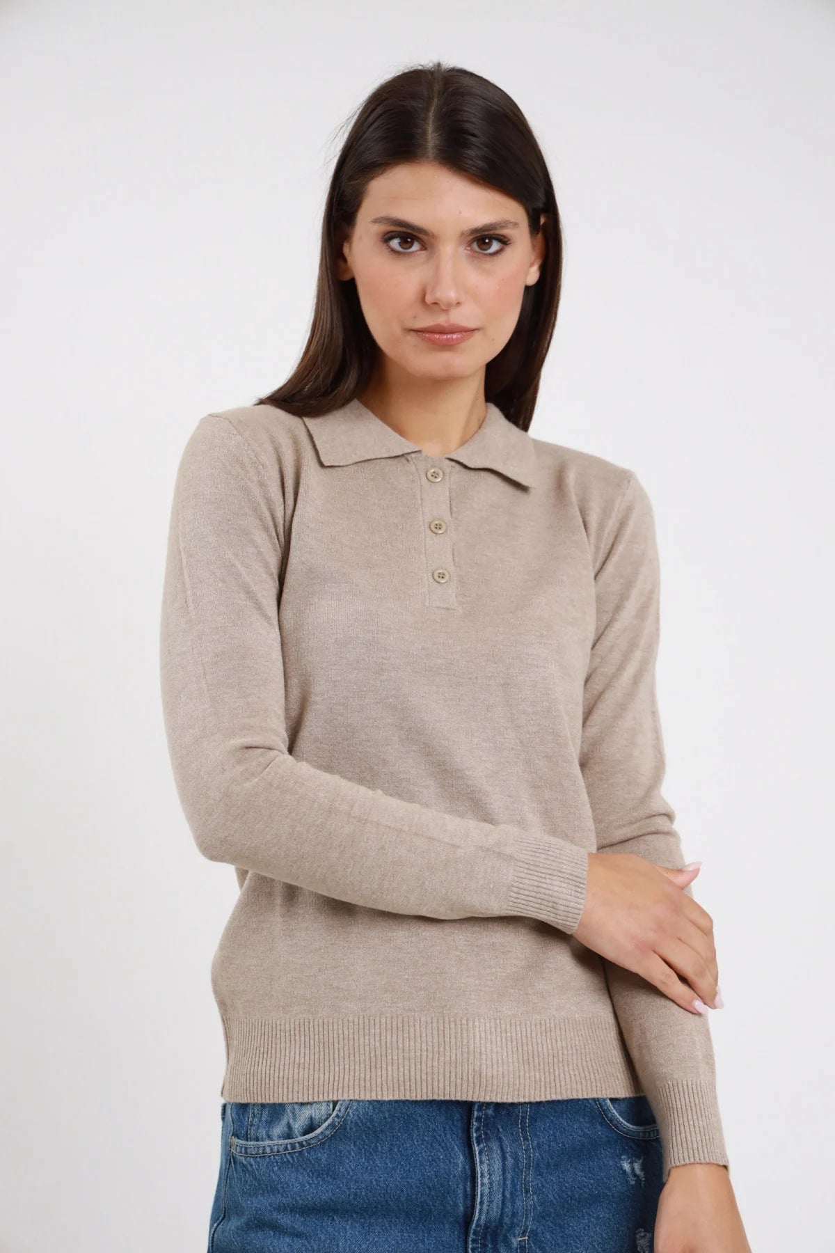 SUSY MIX MAGLIA POLO CON BOTTONCINI BEIGE
