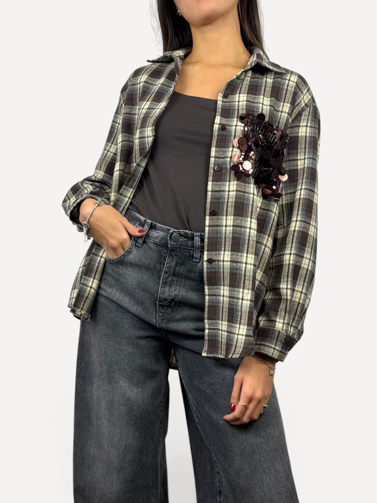 SUSY MIX CAMICIA A QUADRI CON TASCA IN PAILLETTES