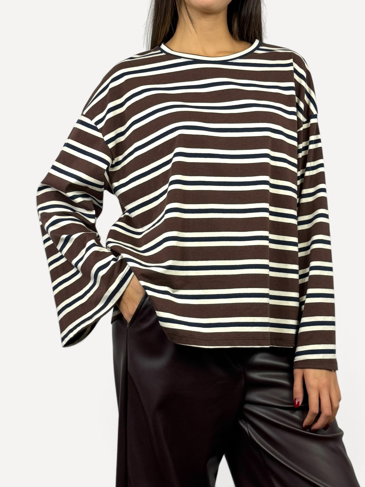 CECILE MAGLIA A RIGHE MANICHE AMPIE MARRONE E BEIGE