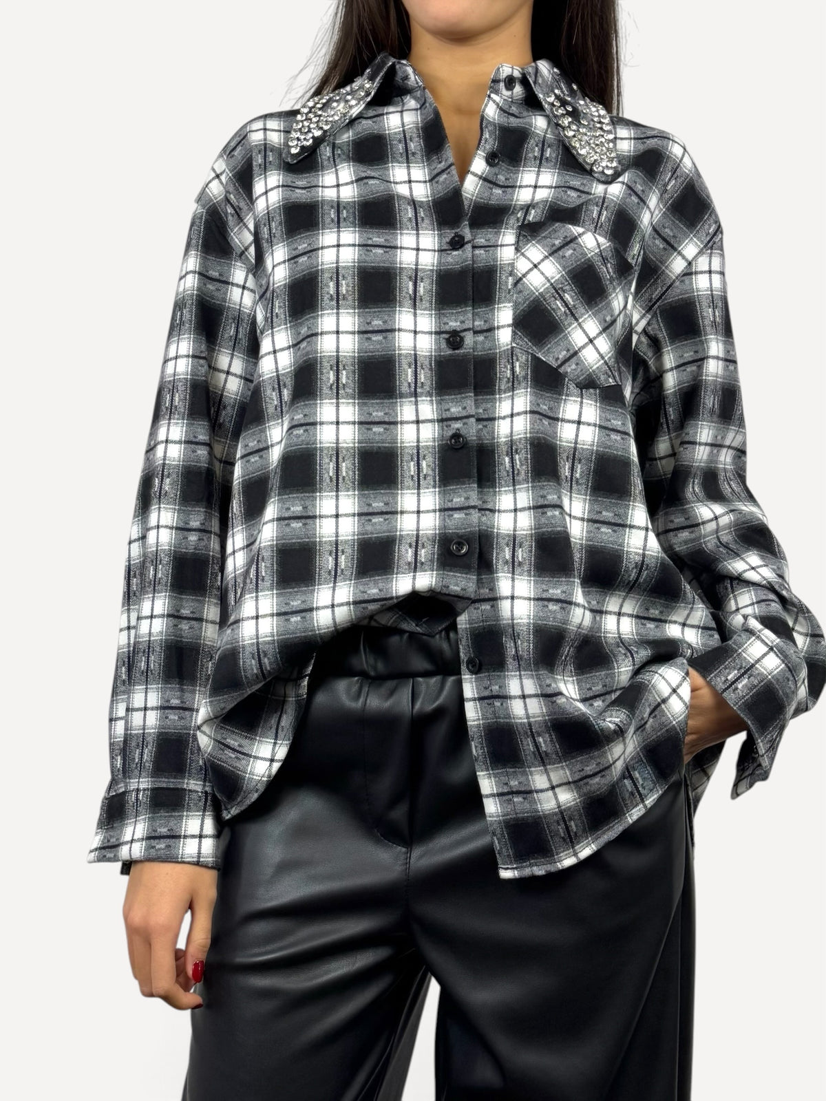 CECILE CAMICIA IN CHECK CON STRASS NERO