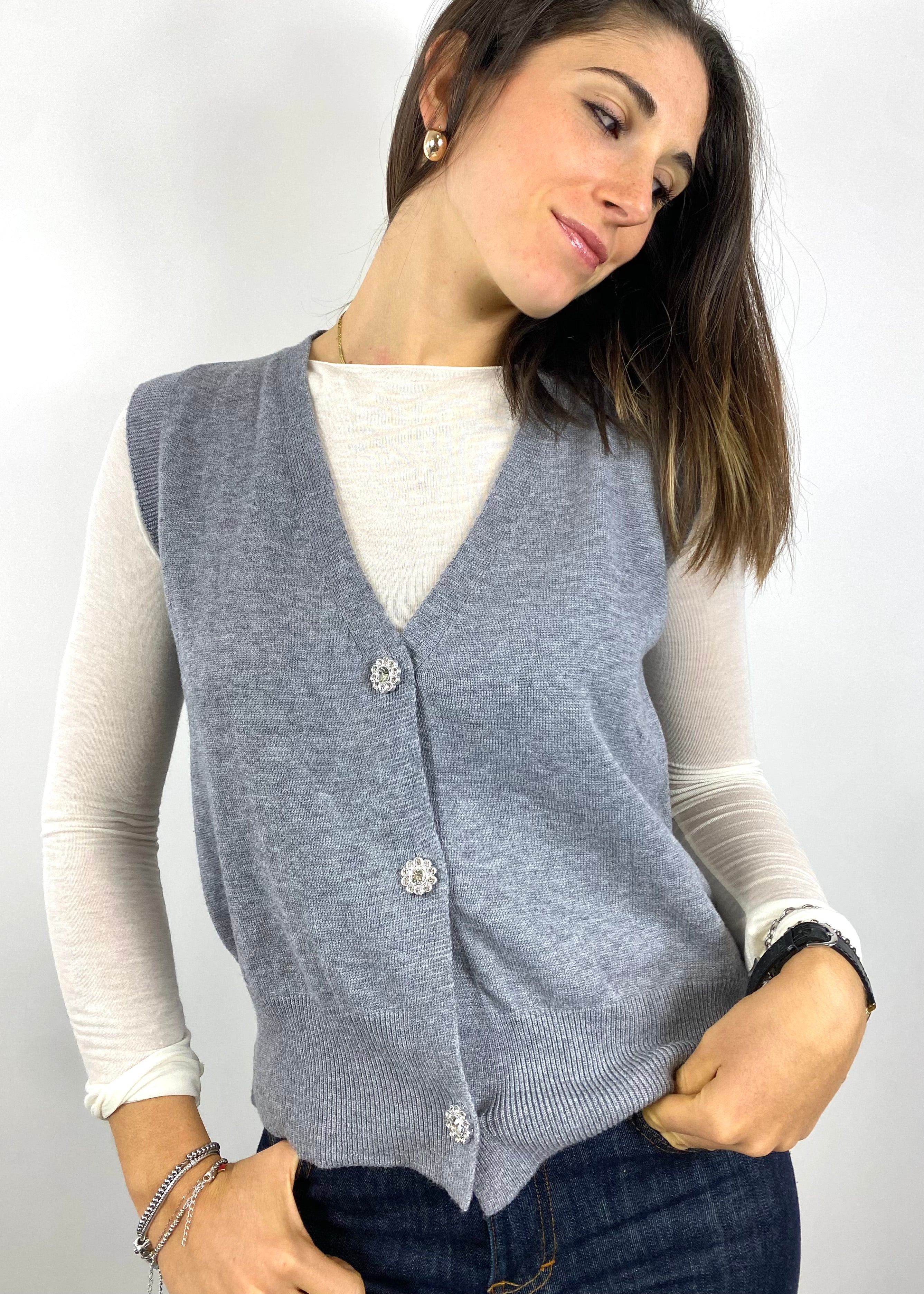 CECILE GILET CON BOTTONI GIOIELLO GRIGIO