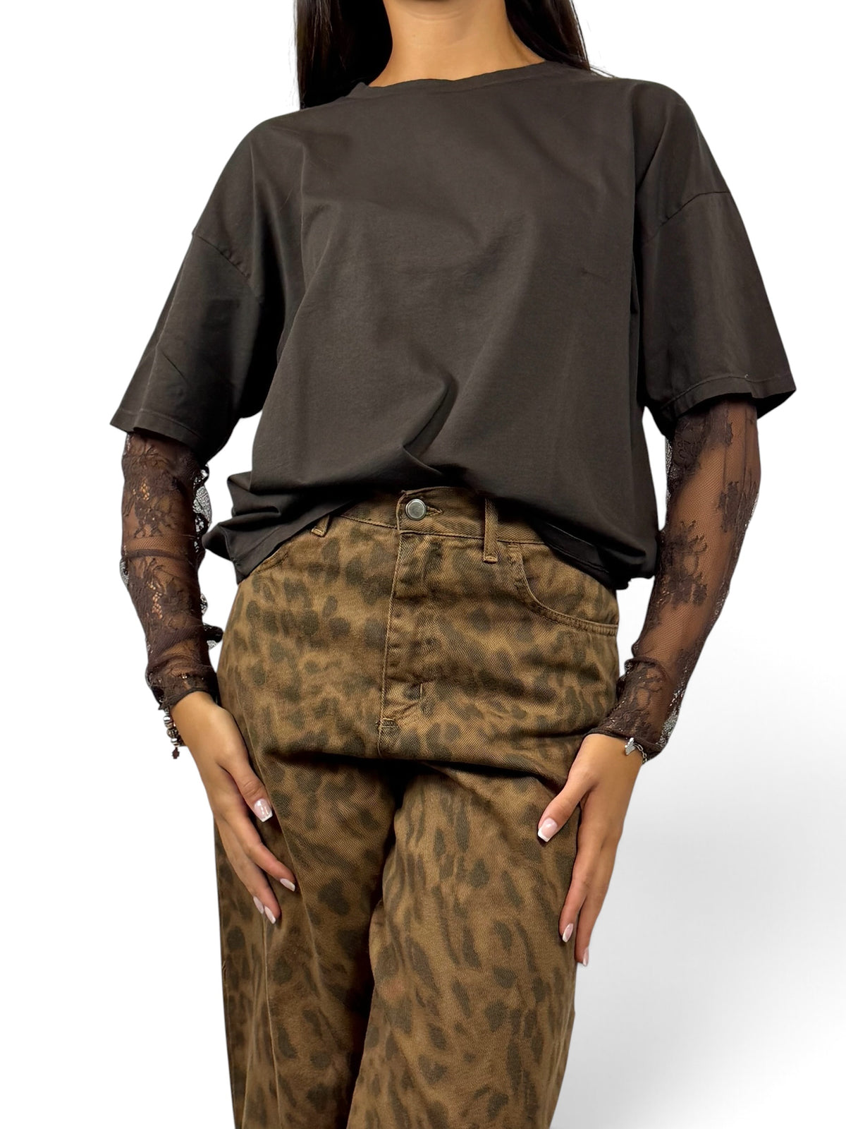 SUSY MIX MAGLIA MANICA PIZZO MORO