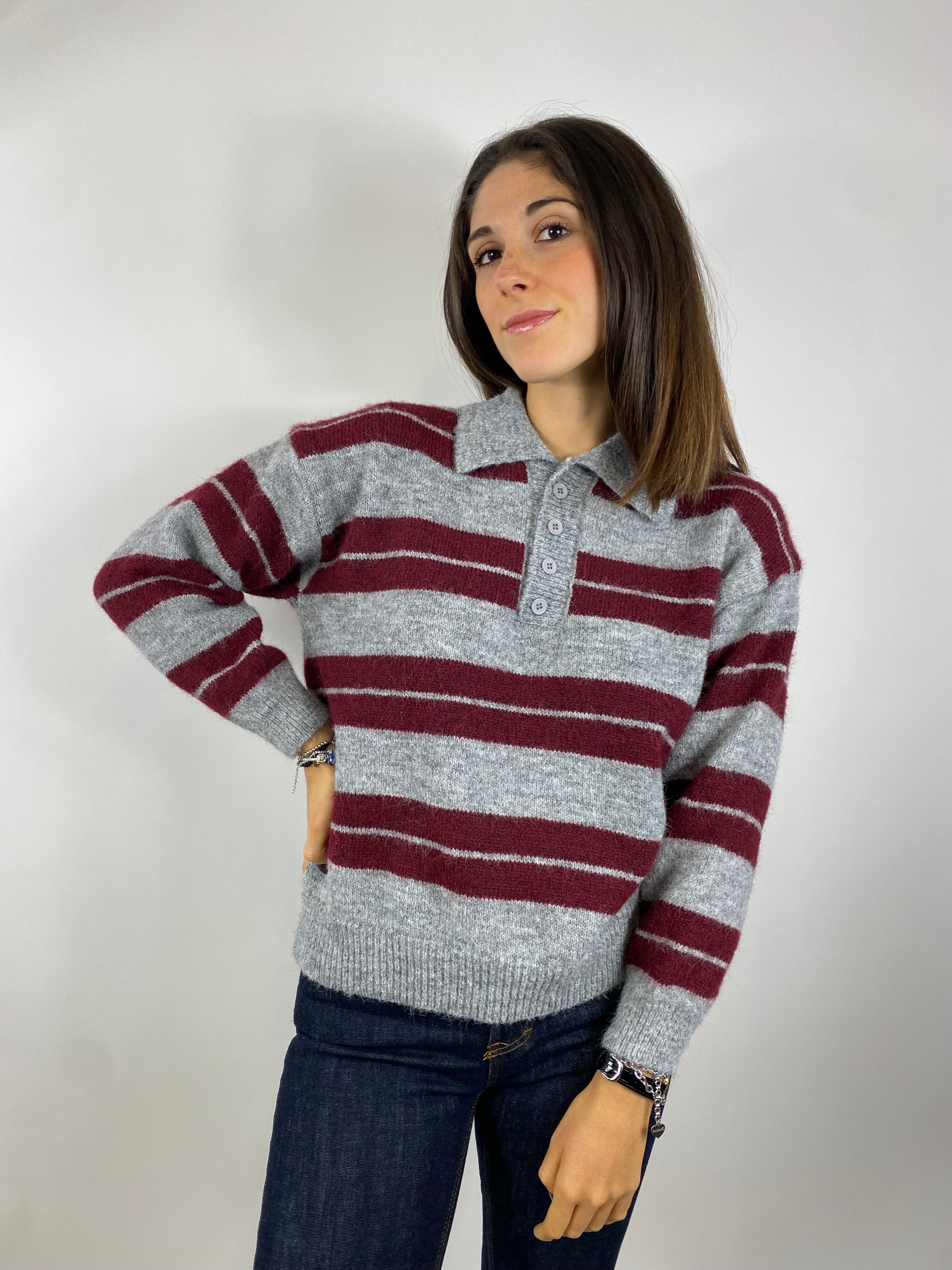 CECILE POLO A RIGHE VINO E GRIGIO