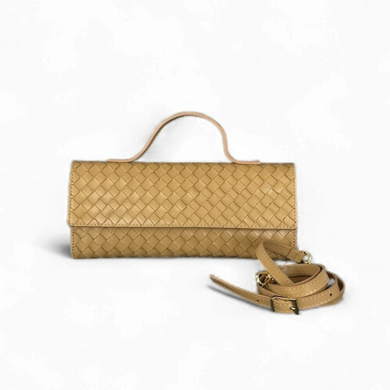 Cecile MI pochette pelle intrecciata colore naturale con manico e tracolla lunga