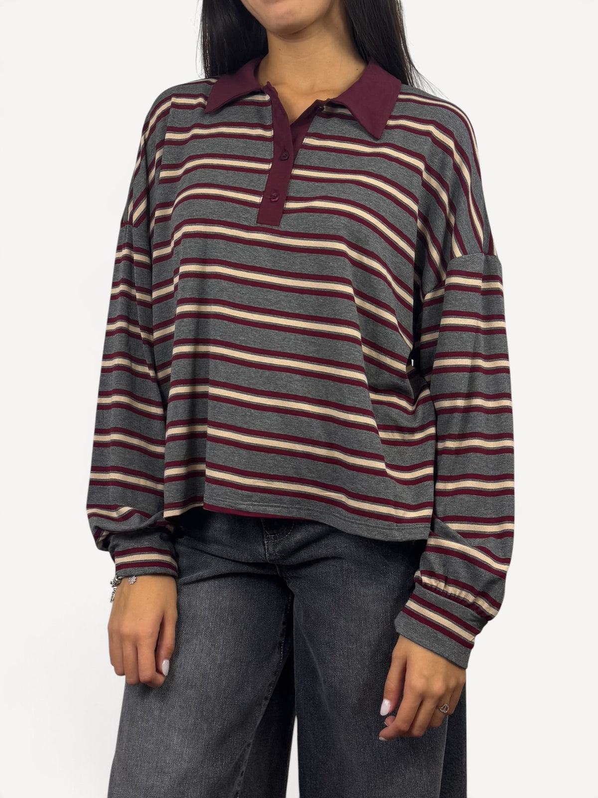 KIKISIX MAGLIA MODELLO POLO A RIGHE GRIGIA