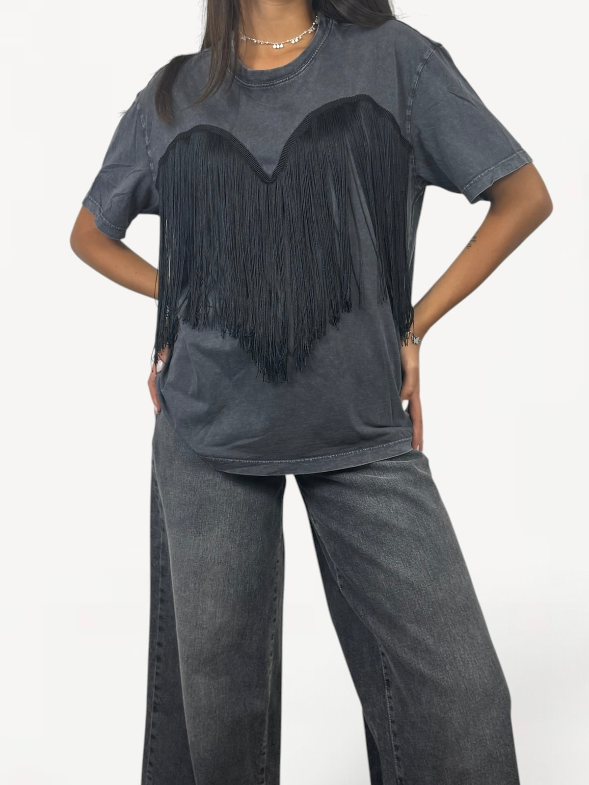 CECILE T-SHIRT FRANGE NERO