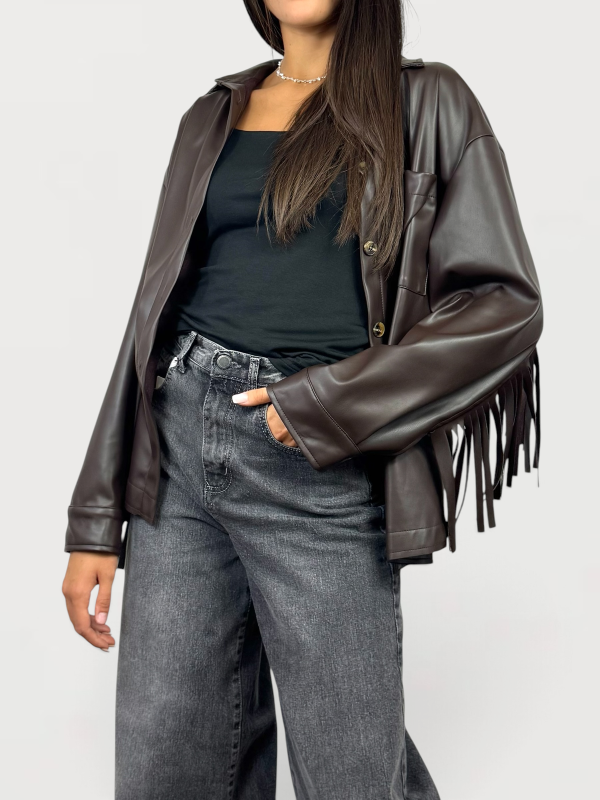 SUSY MIX CAMICIA FRANGE ECOPELLE MORO