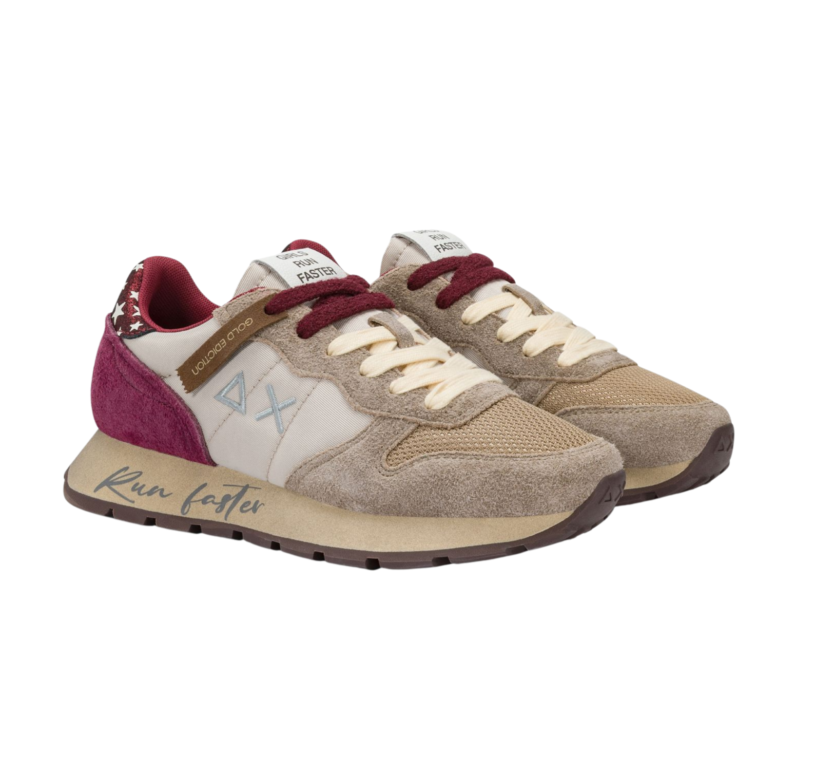 SUN68 Sneaker donna in tela e suede Gonfietto con stelle beige