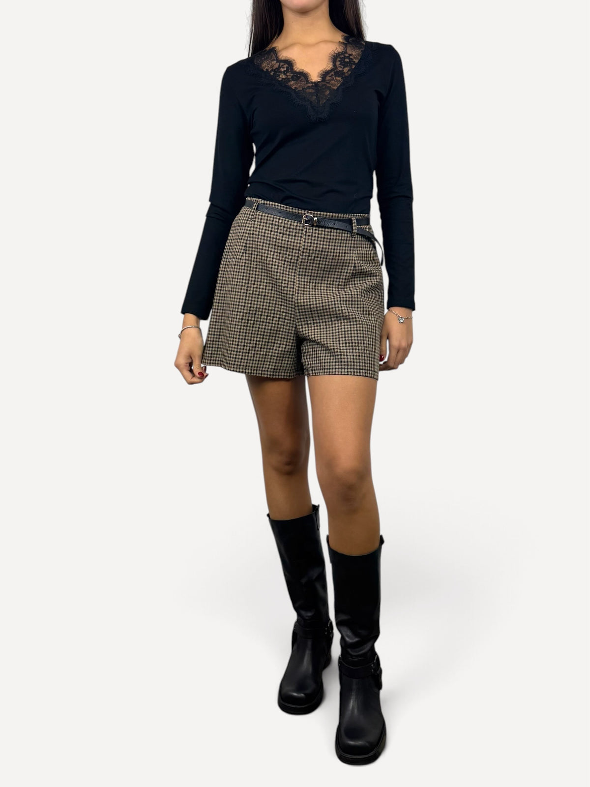 CECILE SHORT PIED DE POULE CON CINTURA