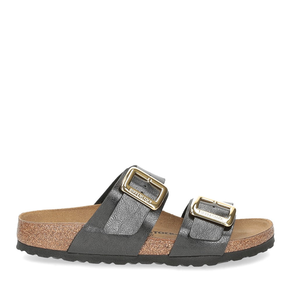 Birkenstock ciabatta donna due fasce birko flor liquirizia con fibbie cushion buckle