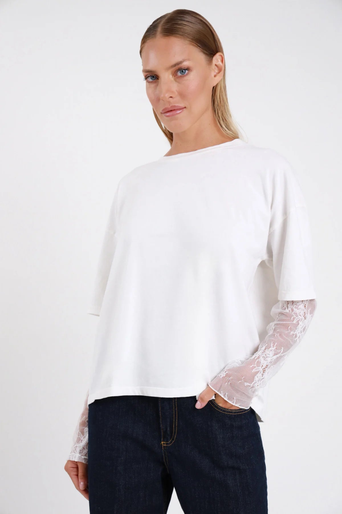 SUSY MIX T-SHIRT MANICA PIZZO LATTE