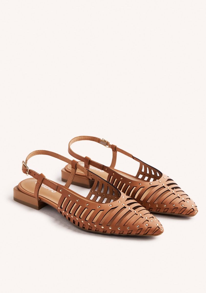 Gioseppo slingback donna in pelle con cinturini camel e borchiette oro