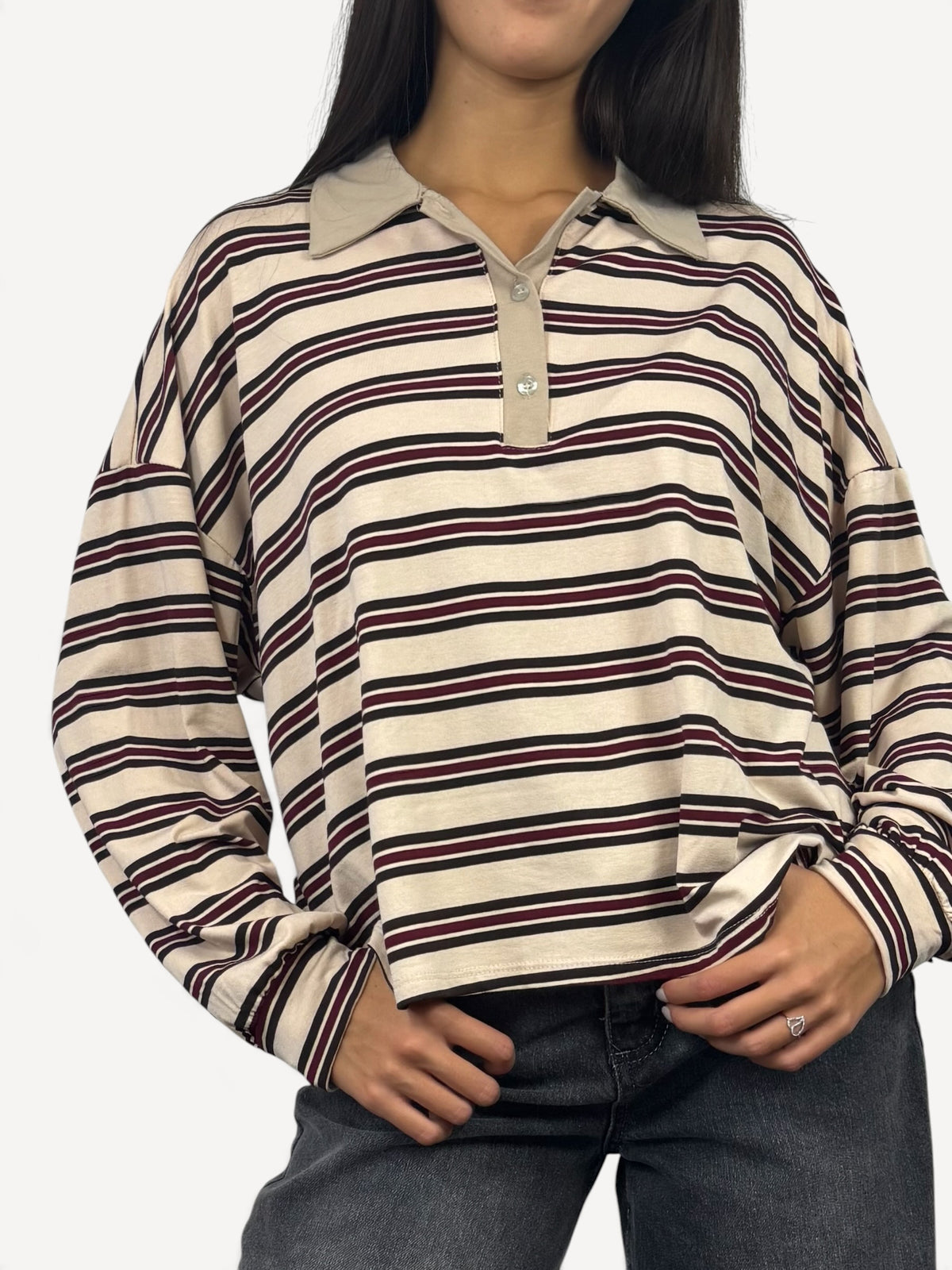 KIKISIX MAGLIA MODELLO POLO A RIGHE BEIGE