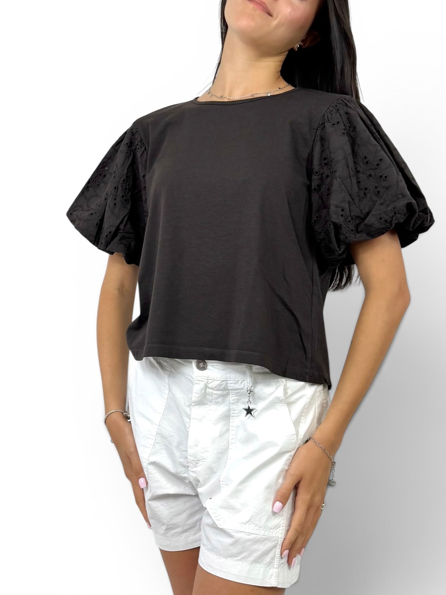SUSY MIX MAGLIA MANICA SANGALLO MORO