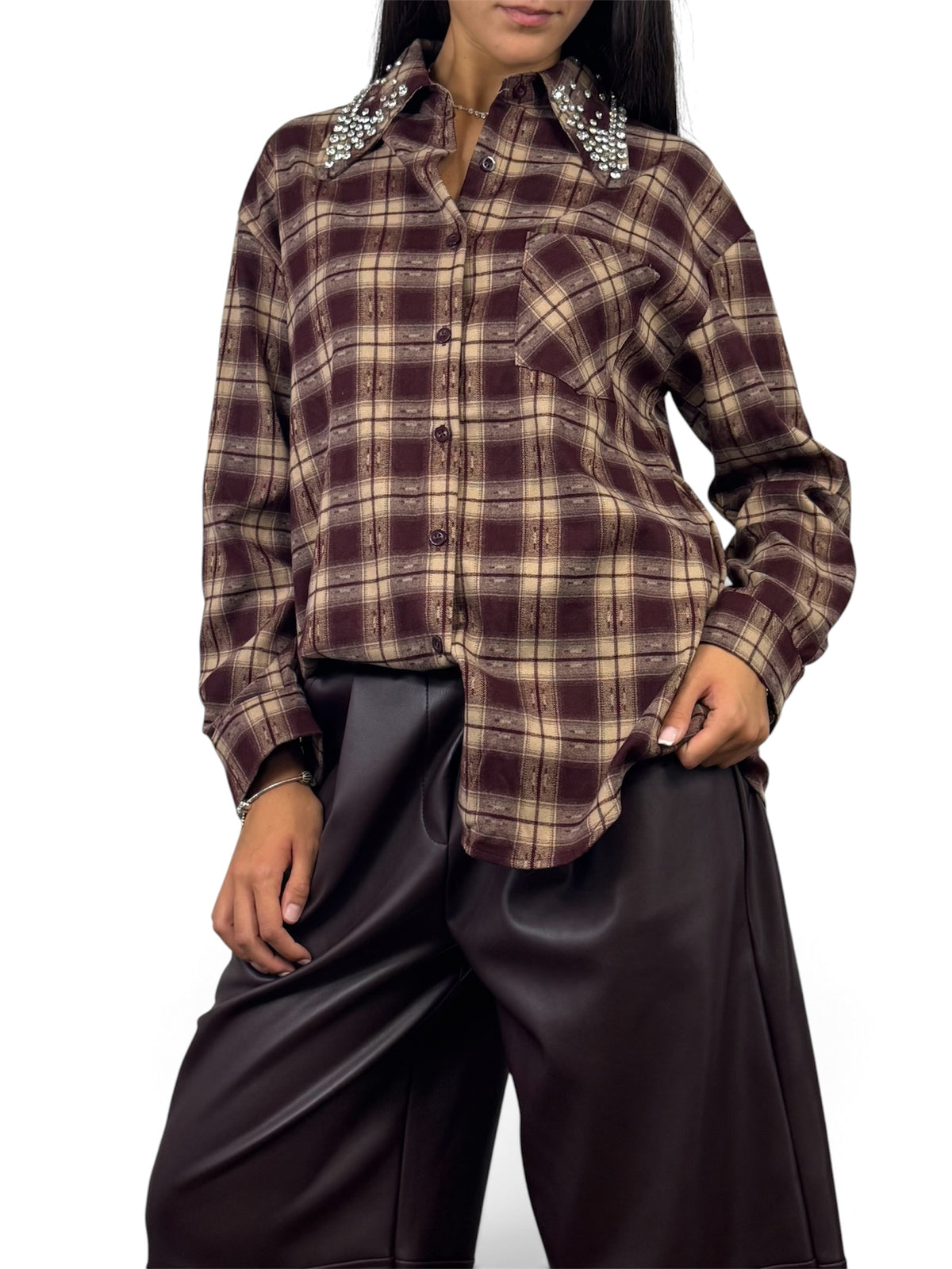 CECILE CAMICIA IN CHECK E STRASS BORDEAUX