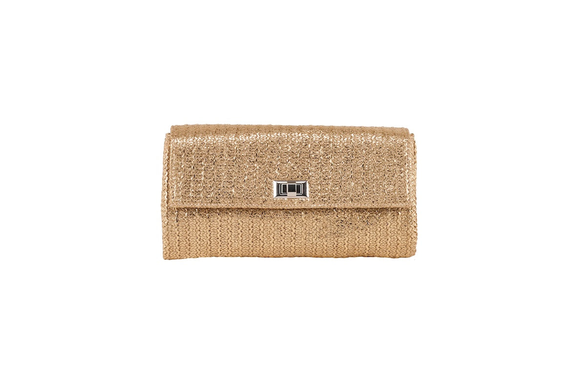 Anna Cecere Pochette in rafia laminata oro con chiusura in metallo