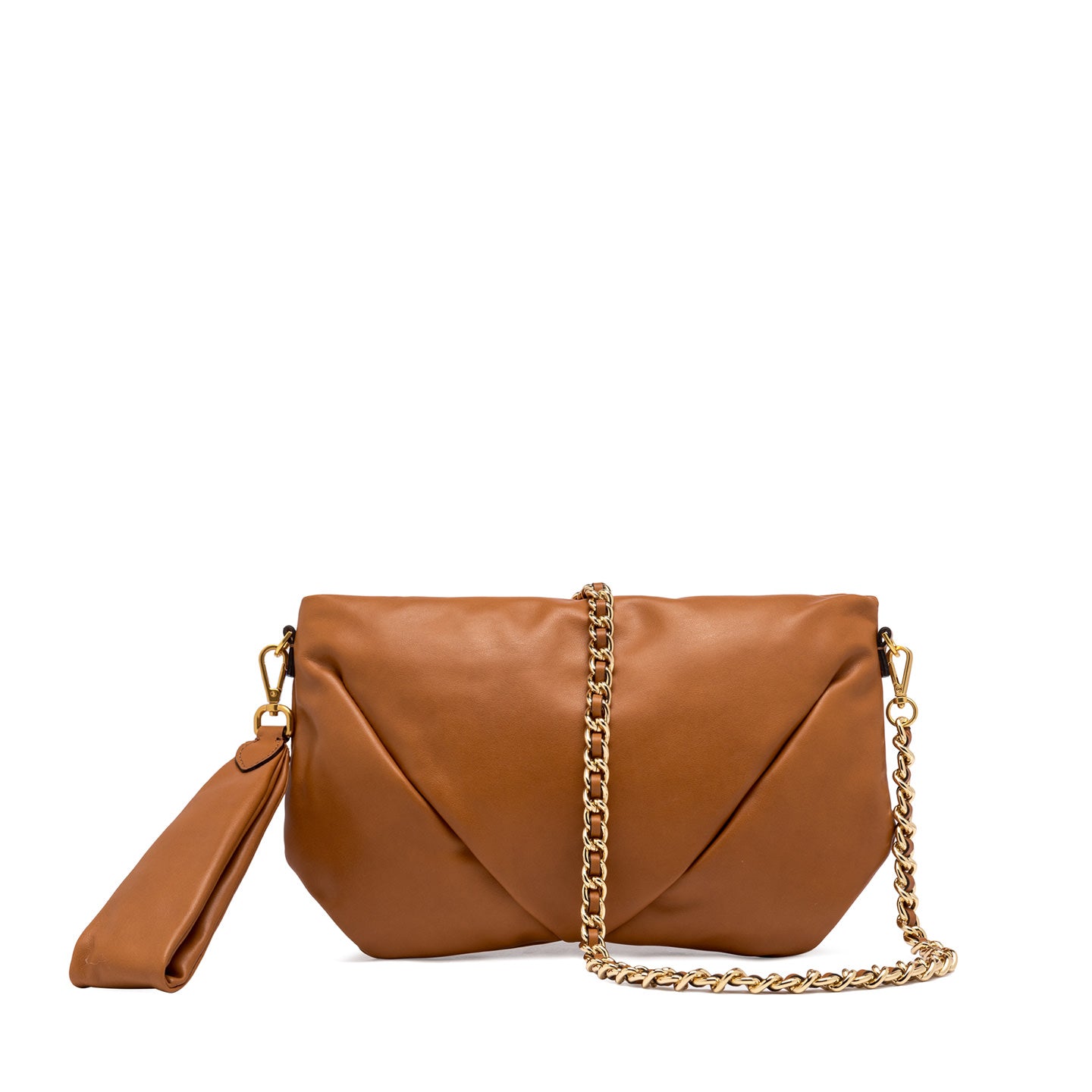 Gianni Chiarini pochette con catena realizzata in pelle trapuntata caramello effetto pouffy