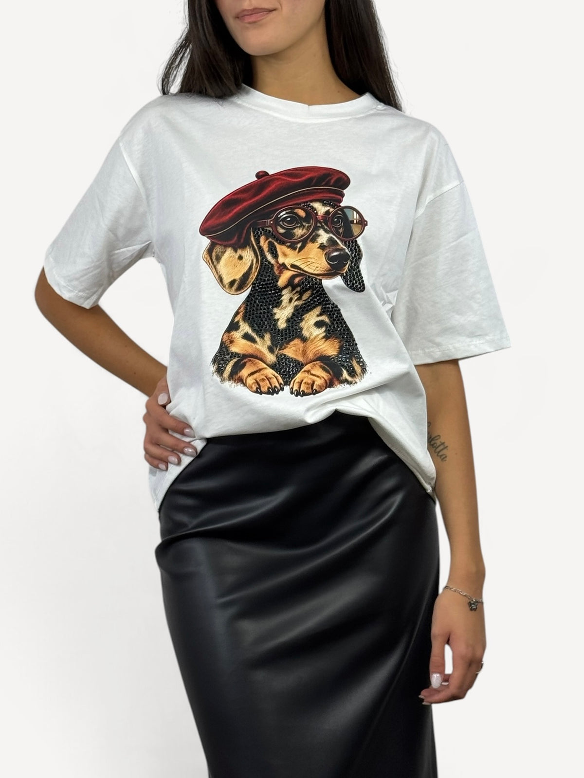 SUSY MIX T-SHIRT STAMPA BASSOTTO E STRASS