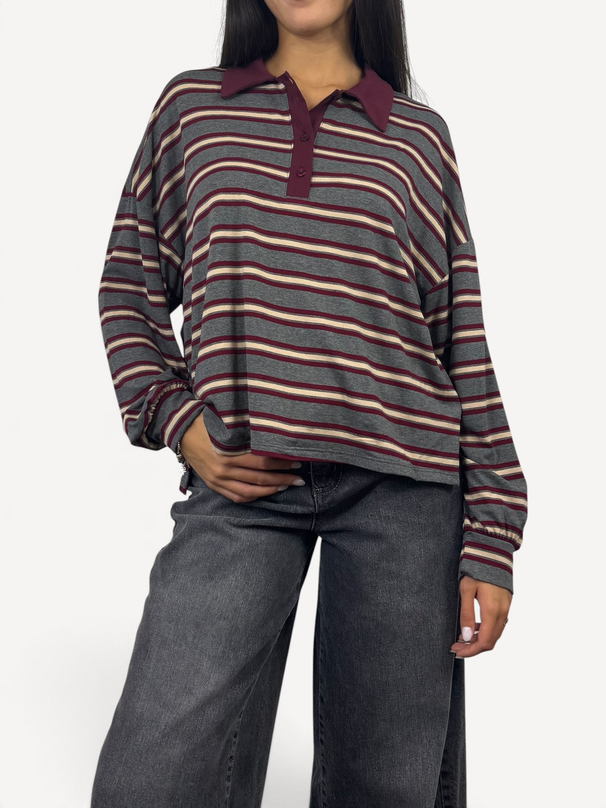 KIKISIX MAGLIA MODELLO POLO A RIGHE GRIGIA