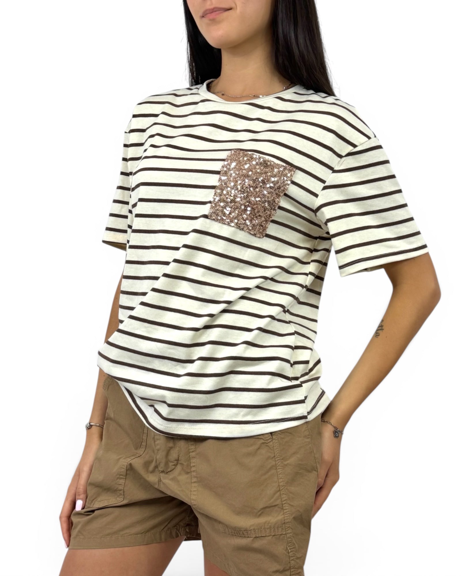 SUSY MIX T-SHIRT RIGHE CON TASCHINO PAILLETTES