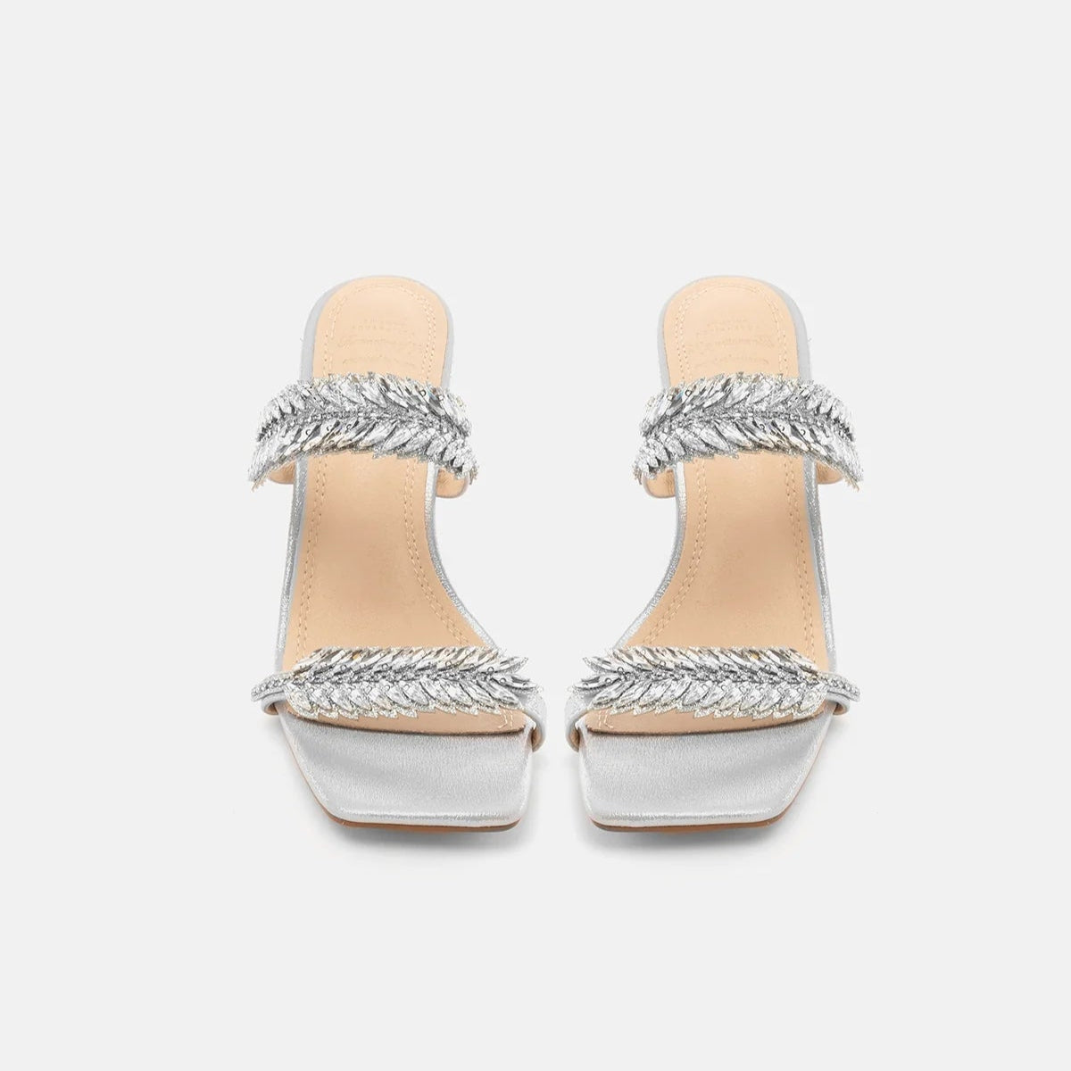 TwentyFourHaitch mules donna in tessuto glitter argento con listini impreziositi da piuma gioiello