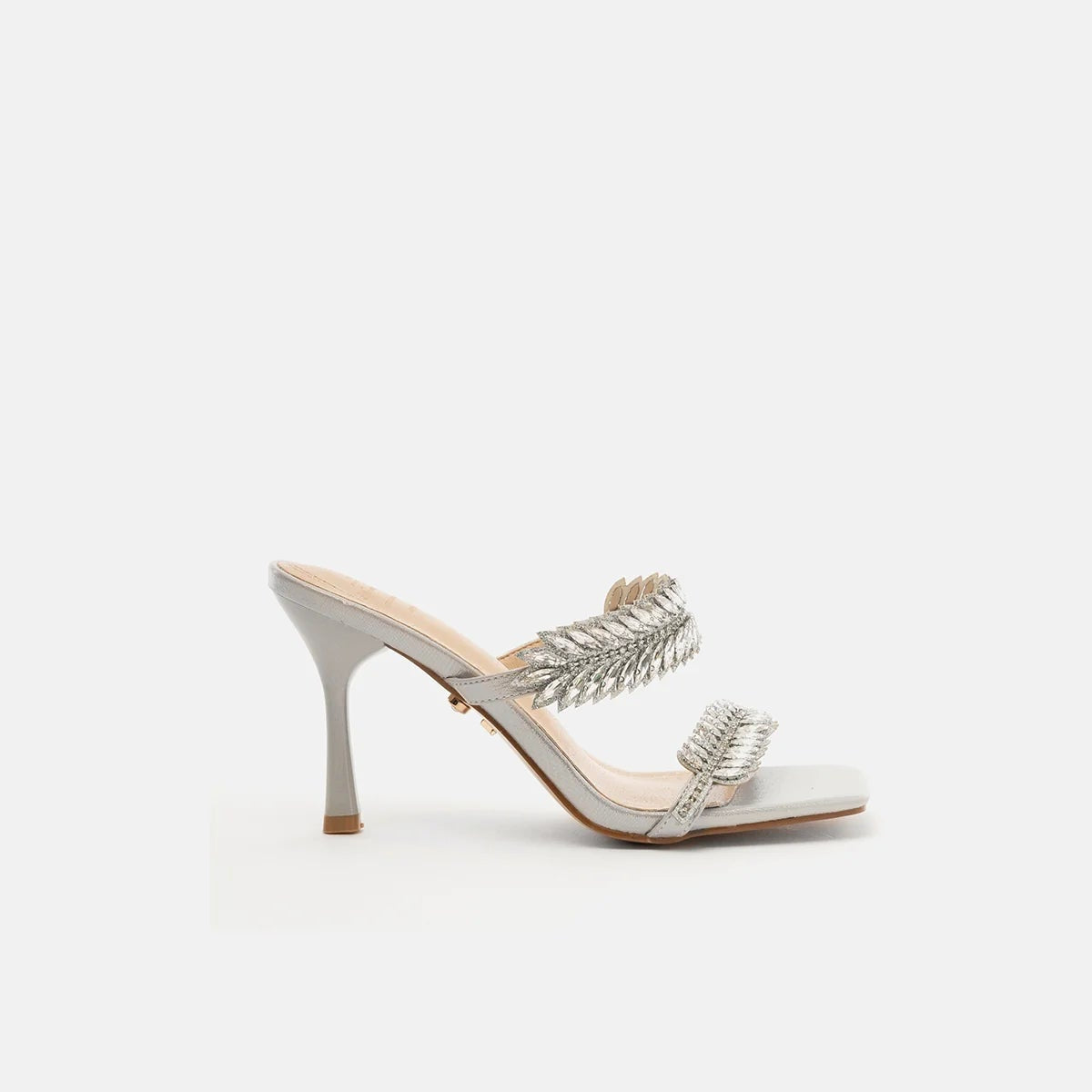 TwentyFourHaitch mules donna in tessuto glitter argento con listini impreziositi da piuma gioiello