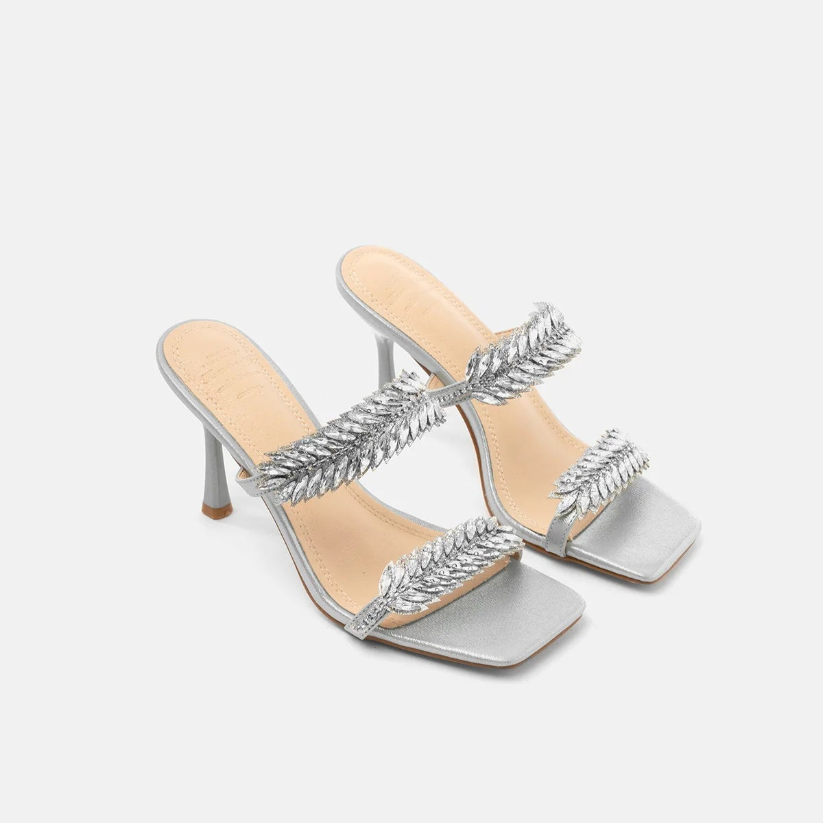 TwentyFourHaitch mules donna in tessuto glitter argento con listini impreziositi da piuma gioiello