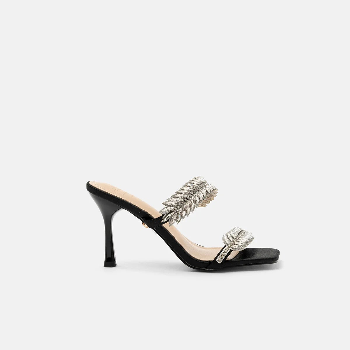 TwentyFourHaitch mules donna in tessuto glitter nero con listini impreziositi da piuma gioiello