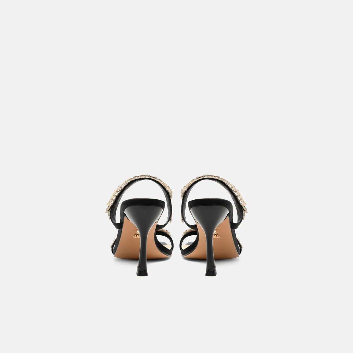 TwentyFourHaitch mules donna in tessuto glitter nero con listini impreziositi da piuma gioiello