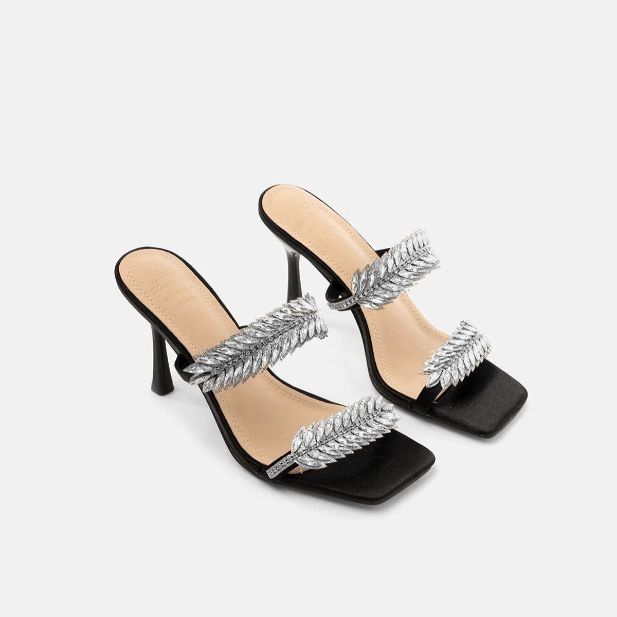 TwentyFourHaitch mules donna in tessuto glitter nero con listini impreziositi da piuma gioiello