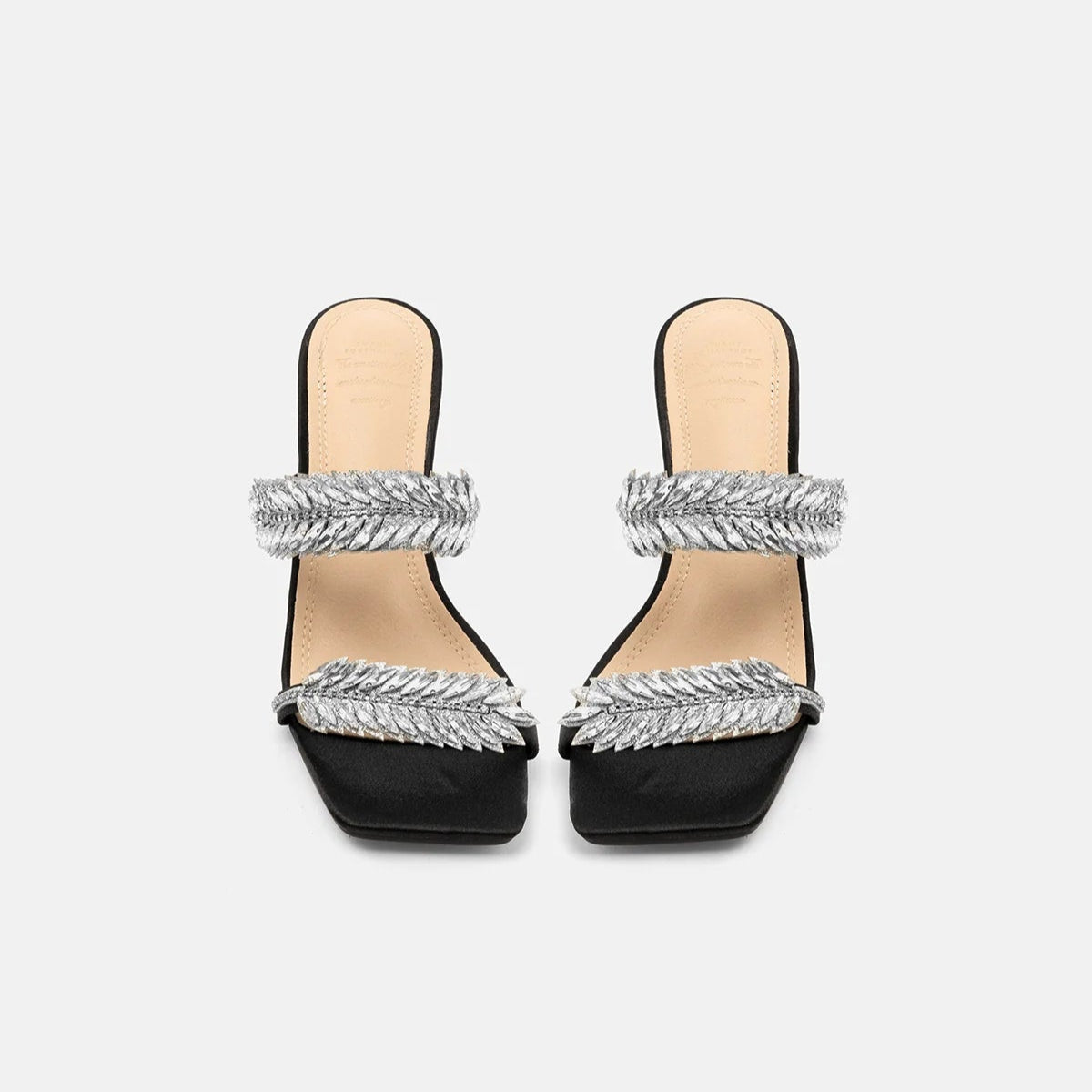 TwentyFourHaitch mules donna in tessuto glitter nero con listini impreziositi da piuma gioiello