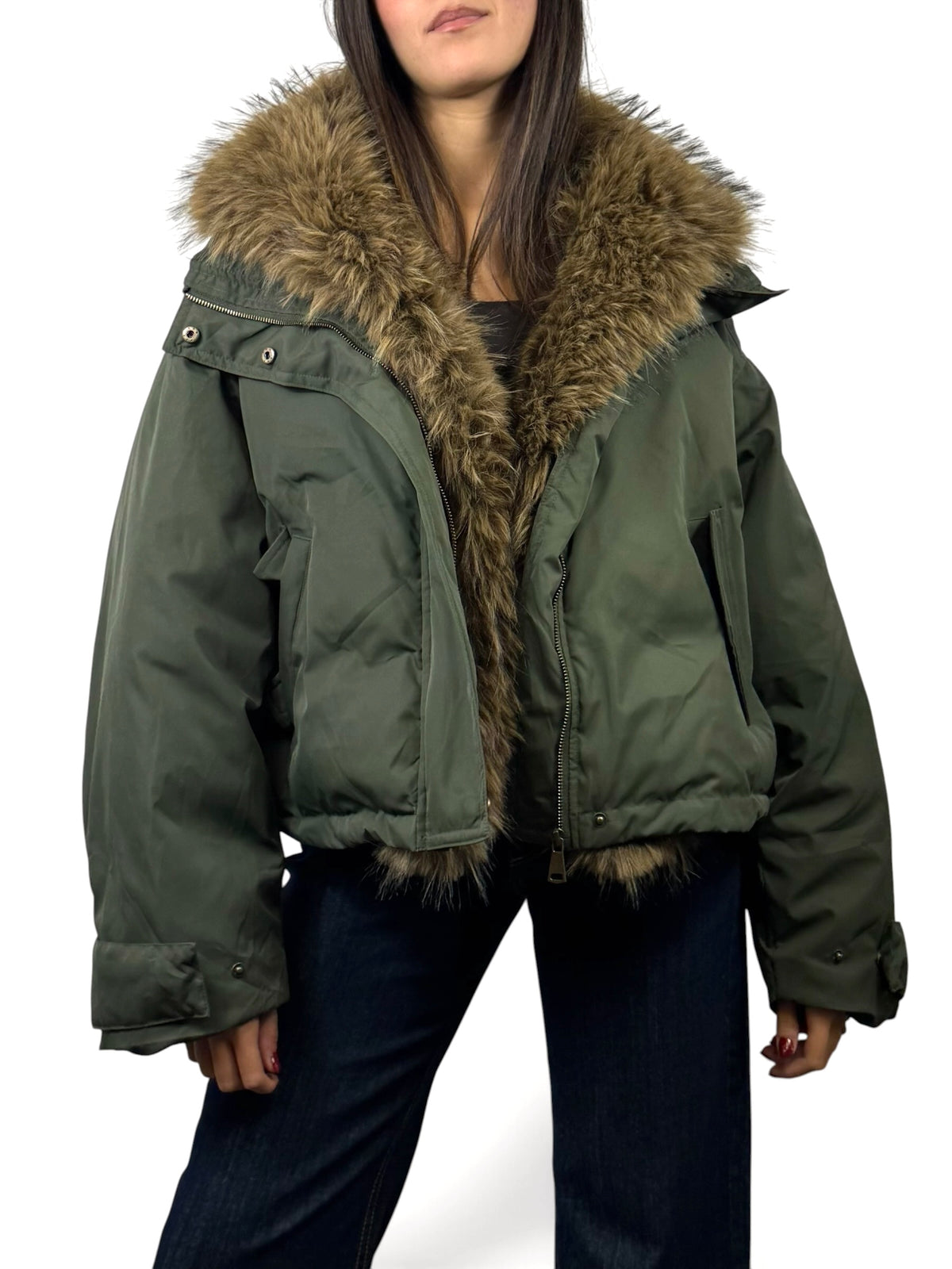 CECILE BOMBER CON INSERTI IN ECOFUR MILITARE