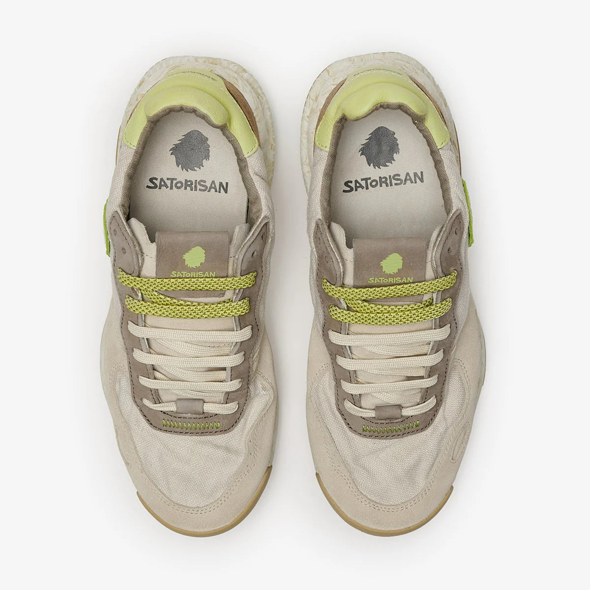 Satorisan sneakers uomo in lino e dettagli in suede beige e verde
