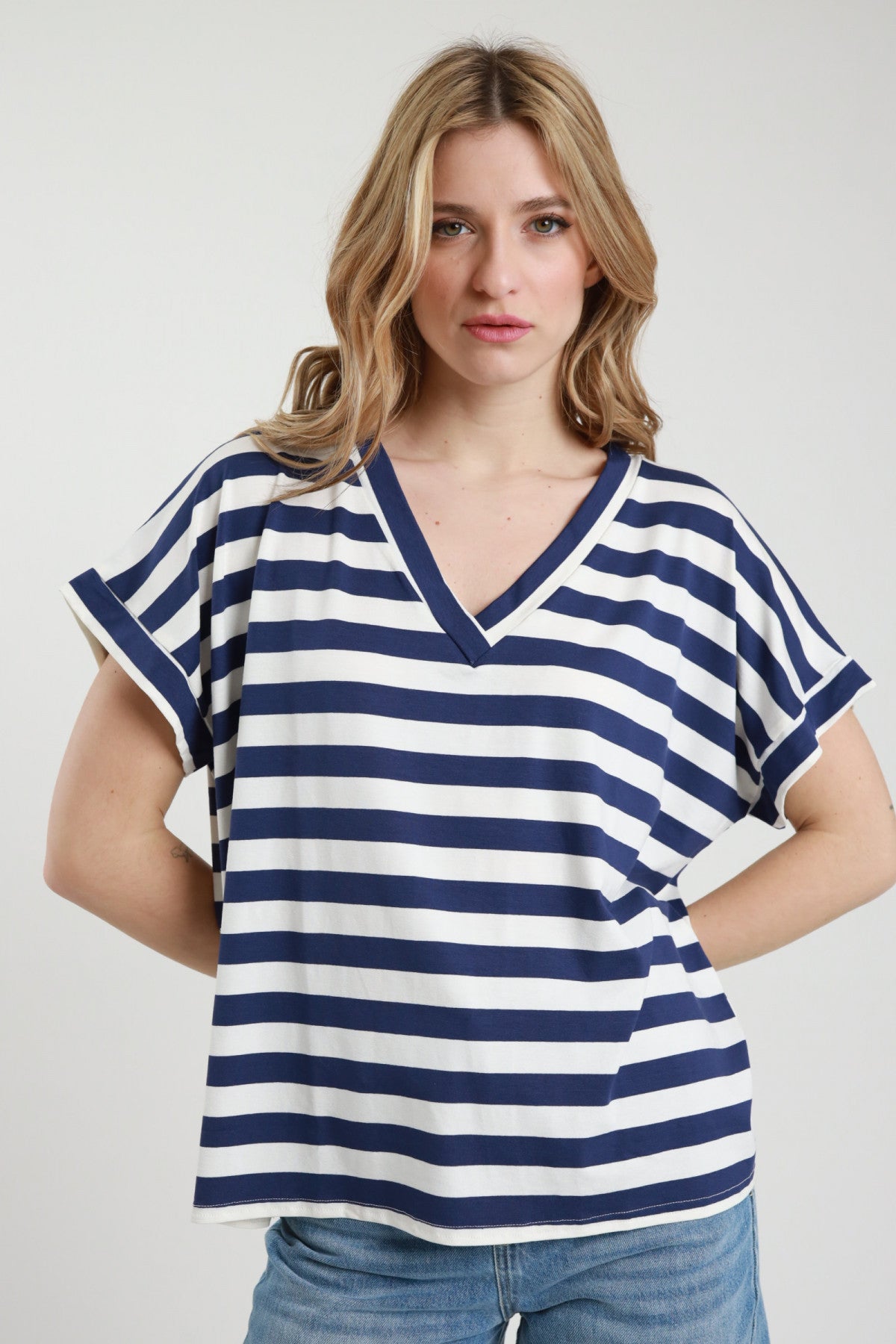 SUSY MIX T-SHIRT RIGHE BIANCO E BLU