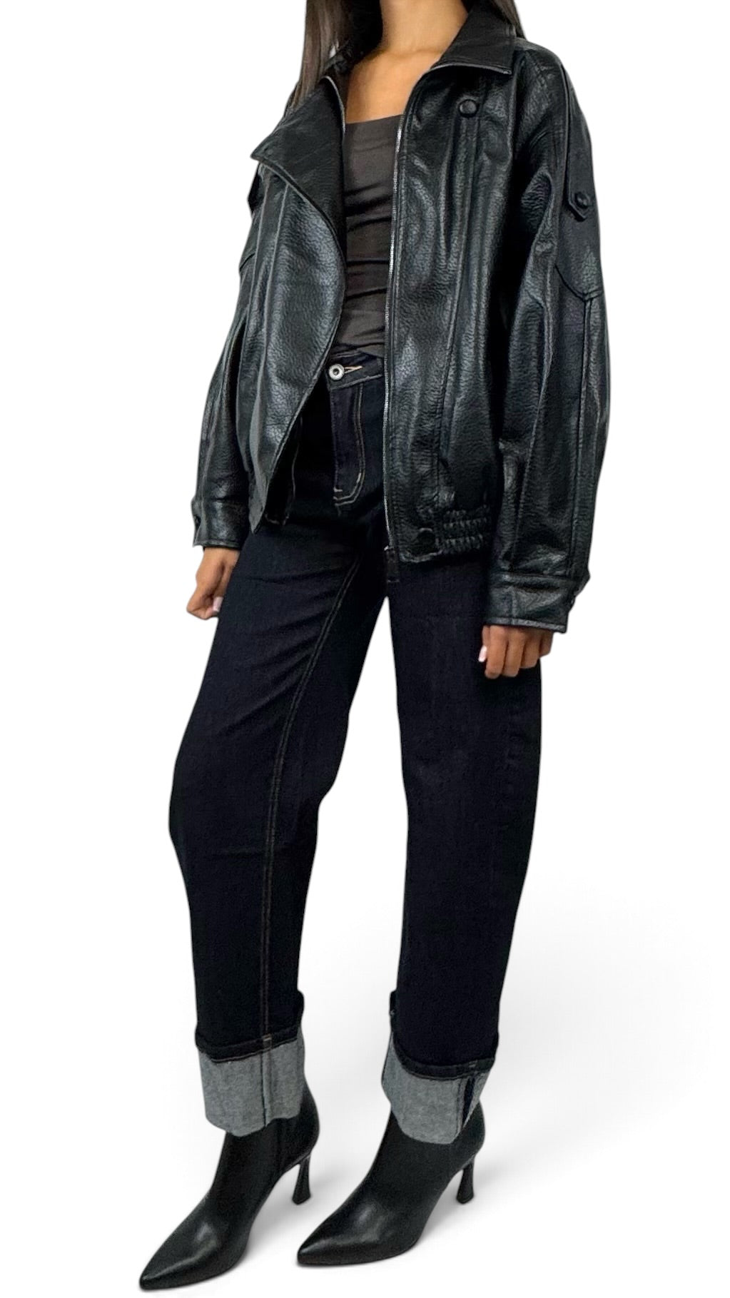 CECILE GIACCA BOMBER IN SIMIL PELLE NERO