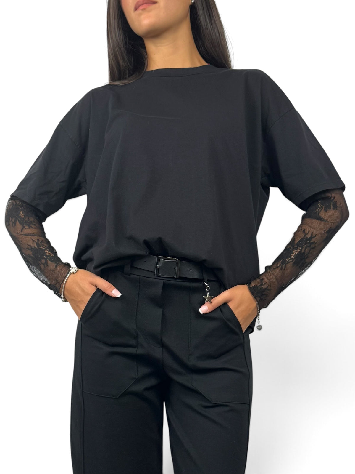 SUSY MIX MAGLIA MANICA PIZZO NERO